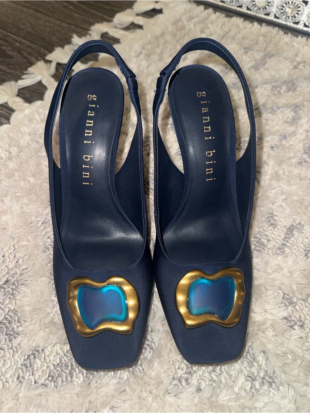 Gianni Bini Navy Slingback Heels with Gold & Iridescent Blue Accent